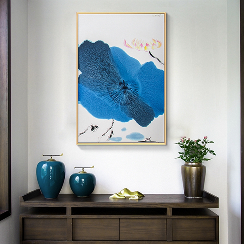 新中式客廳裝飾畫(huà) 臥室原創(chuàng)純手繪禪意圖 玄關(guān)鋁合金框掛畫(huà) 荷葉
